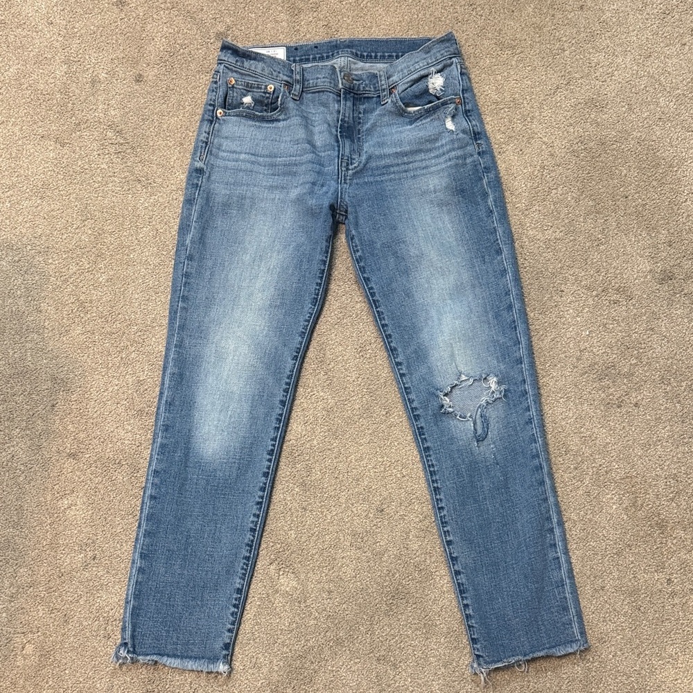 GAP Medium Wash Distressed Mid Rise Girlfriend Raw Hem Jeans Size 26